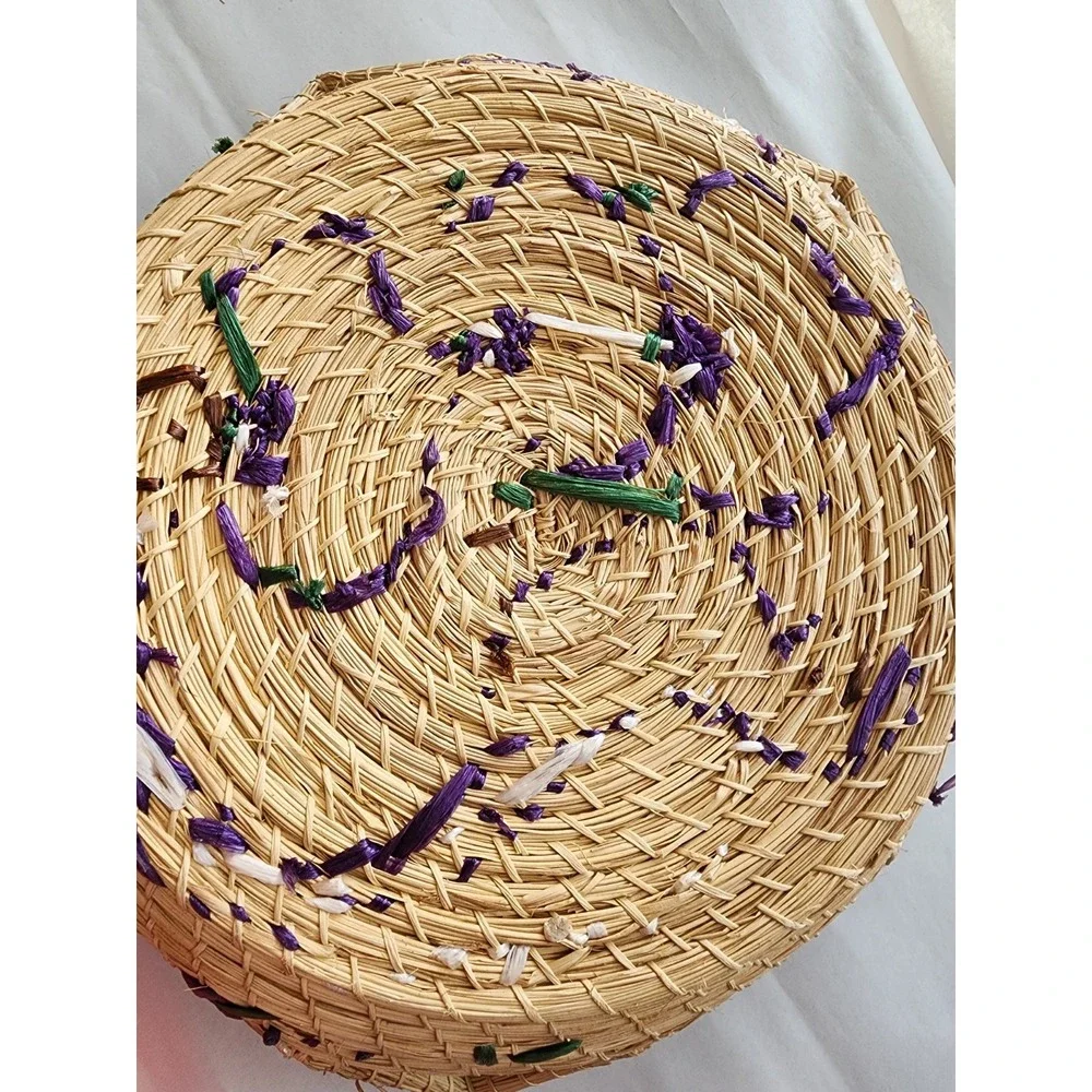 Vintage Jamaica Hand Woven Straw Basket Raffia Embroidered Bird Flower Souvenir